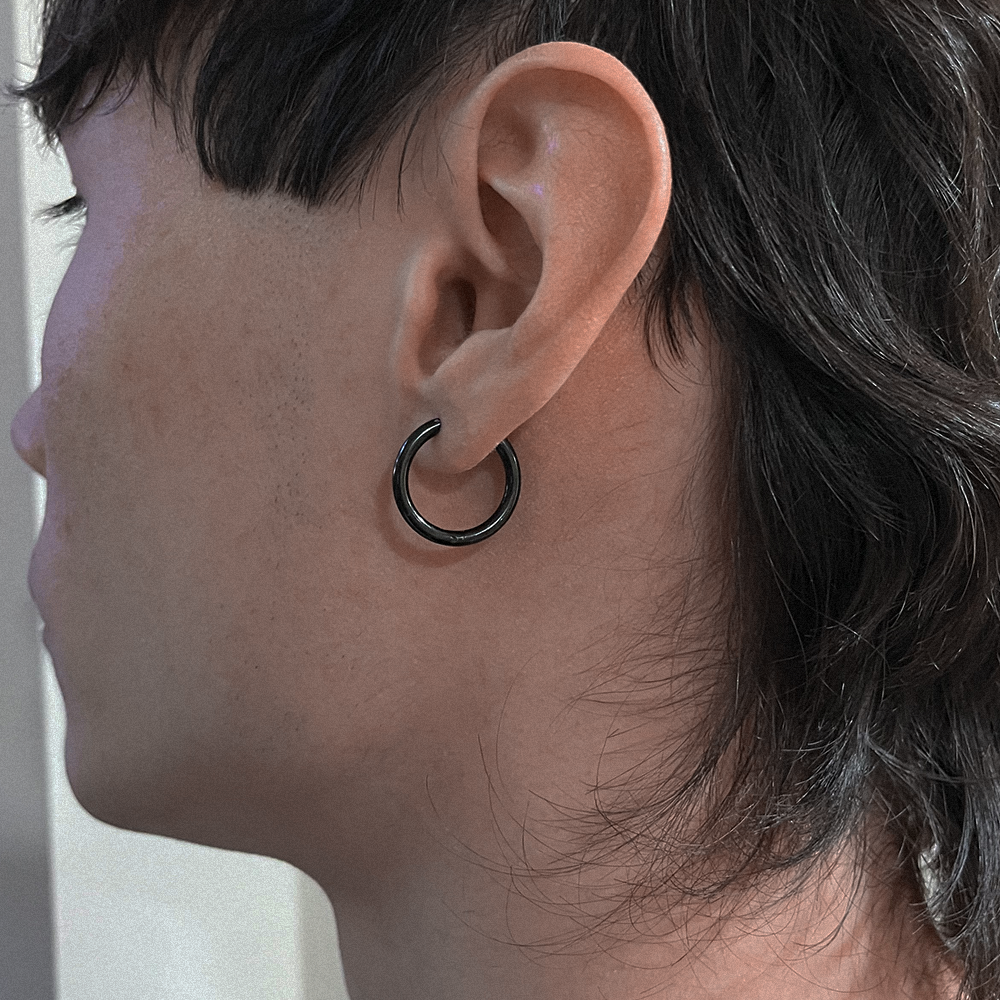 Black Hoop Earrings 16mm, modelled mens