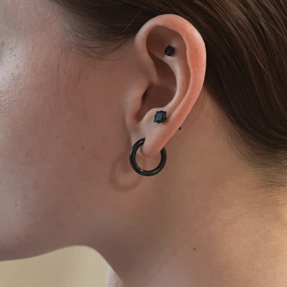 Black Hoop Earrings 12mm, modelled womens