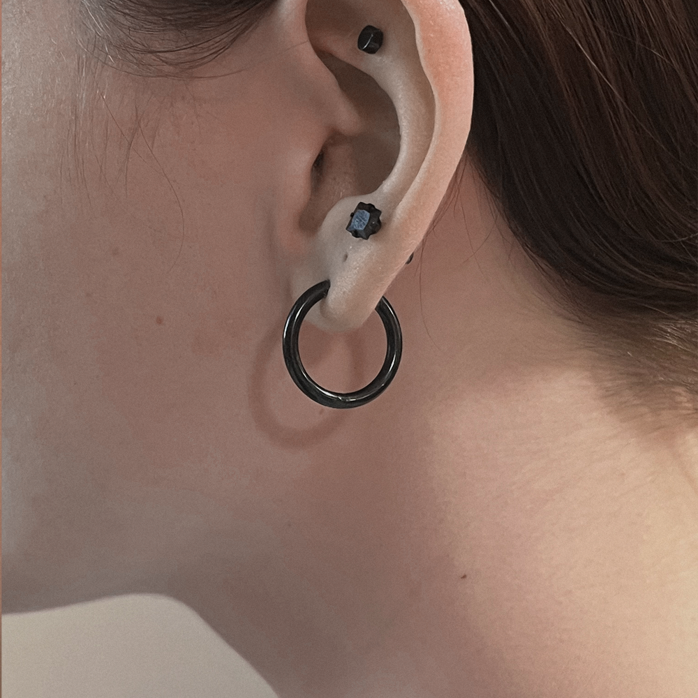 Black Hoop Earrings 16mm, modeled womens