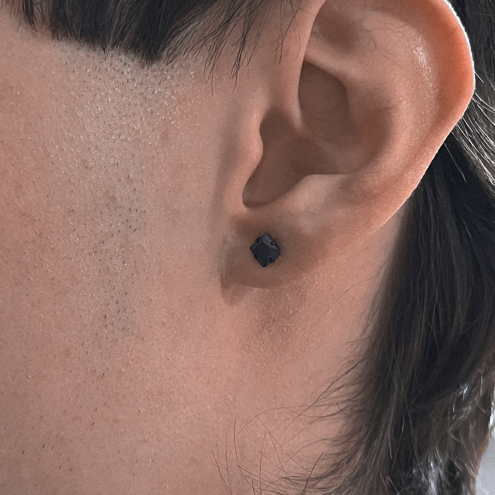 black gemstone studs, modelled mens