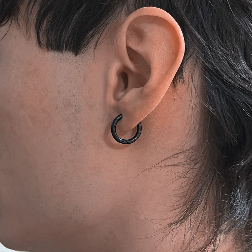 Black Hoop Earrings, modelled mens