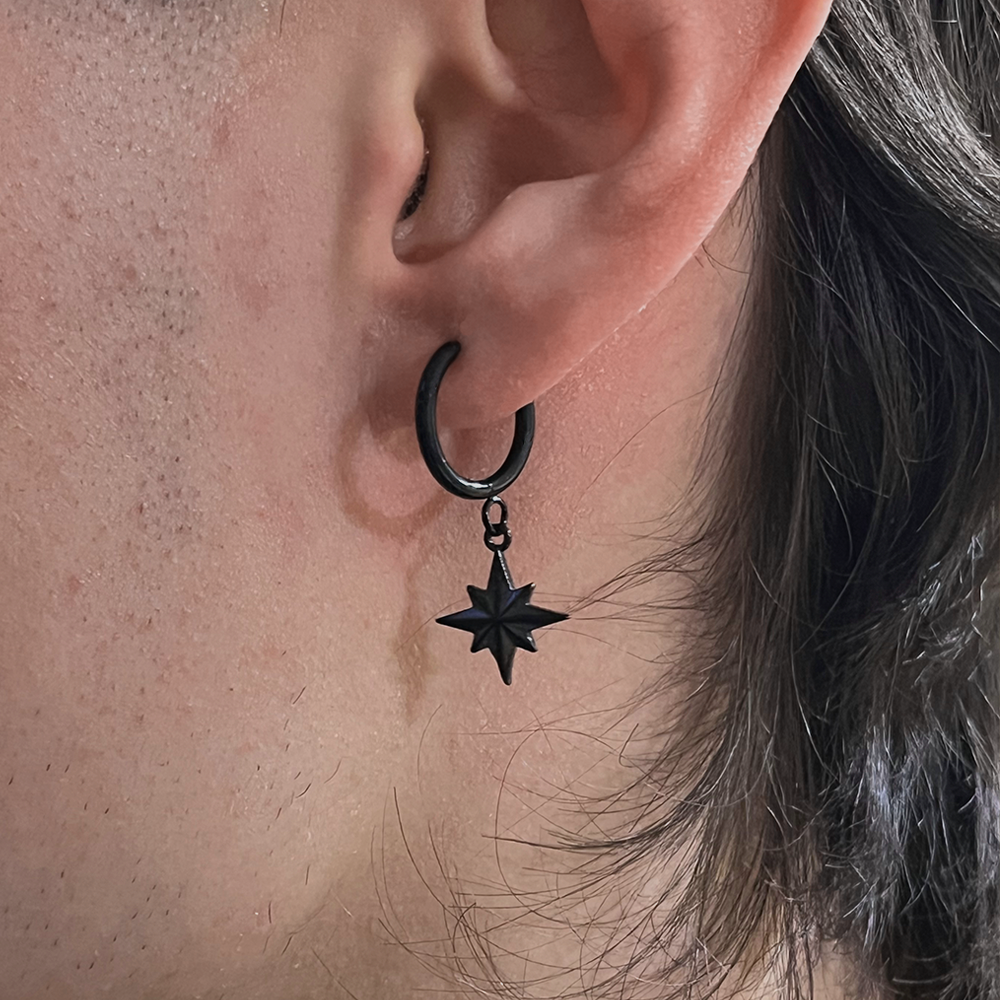 Black Star Earring, Modeled Mens